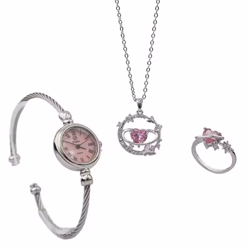 ست زنانه ساعت و گردنبند و انگشتر مدل ماه و ستاره-نقره ای صورتی