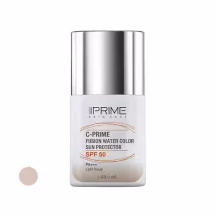 فلوئید ضد آفتاب رنگی پرایم، SPF 50، مدل فیوژن واتر، مناسب انواع پوست با تنالیته روشن و حجم 40 میلی لیتر، محافظت‌کننده در برابر اشعه‌های PA     ،UVA ،UVB، دارای فرمولاسیون فاقد چربی، ویتامین سی و آنتی اکسیدان، با ماندگاری 4 ساعته