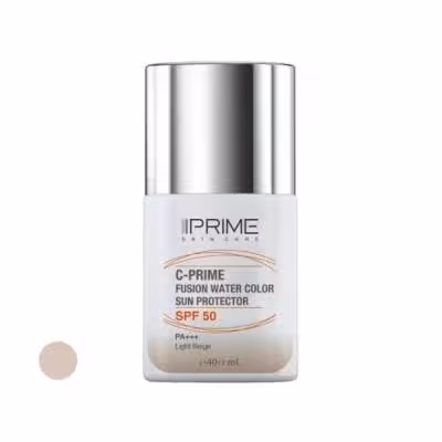 فلوئید ضد آفتاب رنگی پرایم، SPF 50، مدل فیوژن واتر، مناسب انواع پوست با تنالیته روشن و حجم 40 میلی لیتر، محافظتکننده در برابر اشعههای PA ،UVA ،UVB، دارای فرمولاسیون فاقد چربی، ویتامین سی و آنتی اکسیدان، با ماندگاری 4 ساعته