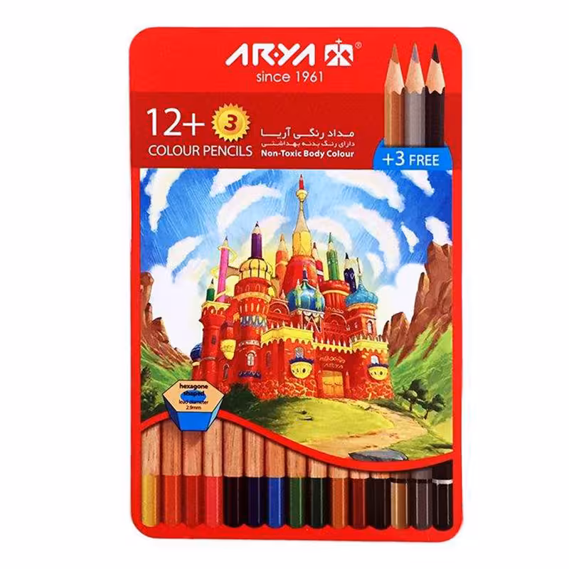 خرید مداد رنگی آریا 3 12 رنگ جعبه فلزی مدل 3021