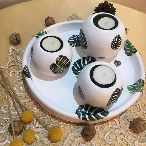 ست جاشمعی- تم برگ انجیری-4 تیکه- جنس سینی سرامیک- جاشمعی سفالی