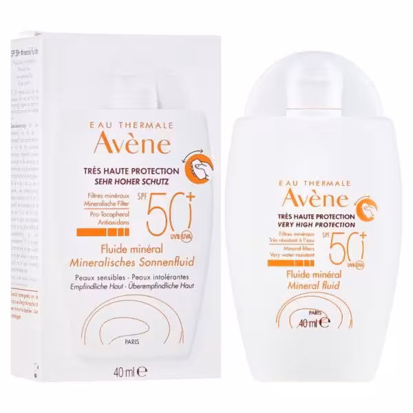 ضد آفتاب بی‌رنگ Avene مدل fluid mineral سبک ترین ضد آفتاب اون دارای spf  50 حجم 40 میل  ساخت فرانسه