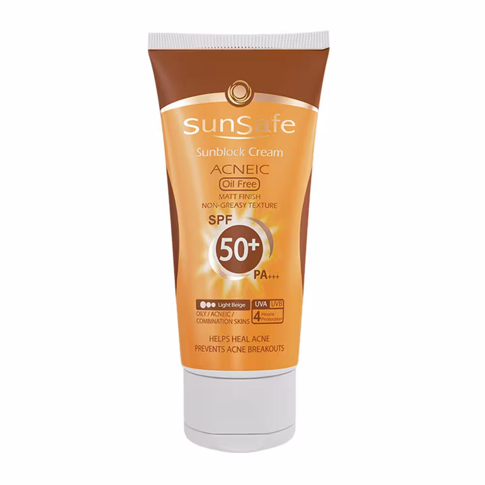 کرم ضد آفتاب SPF50 برند سان سیف مناسب پوست چرب رنگ بژ روشن