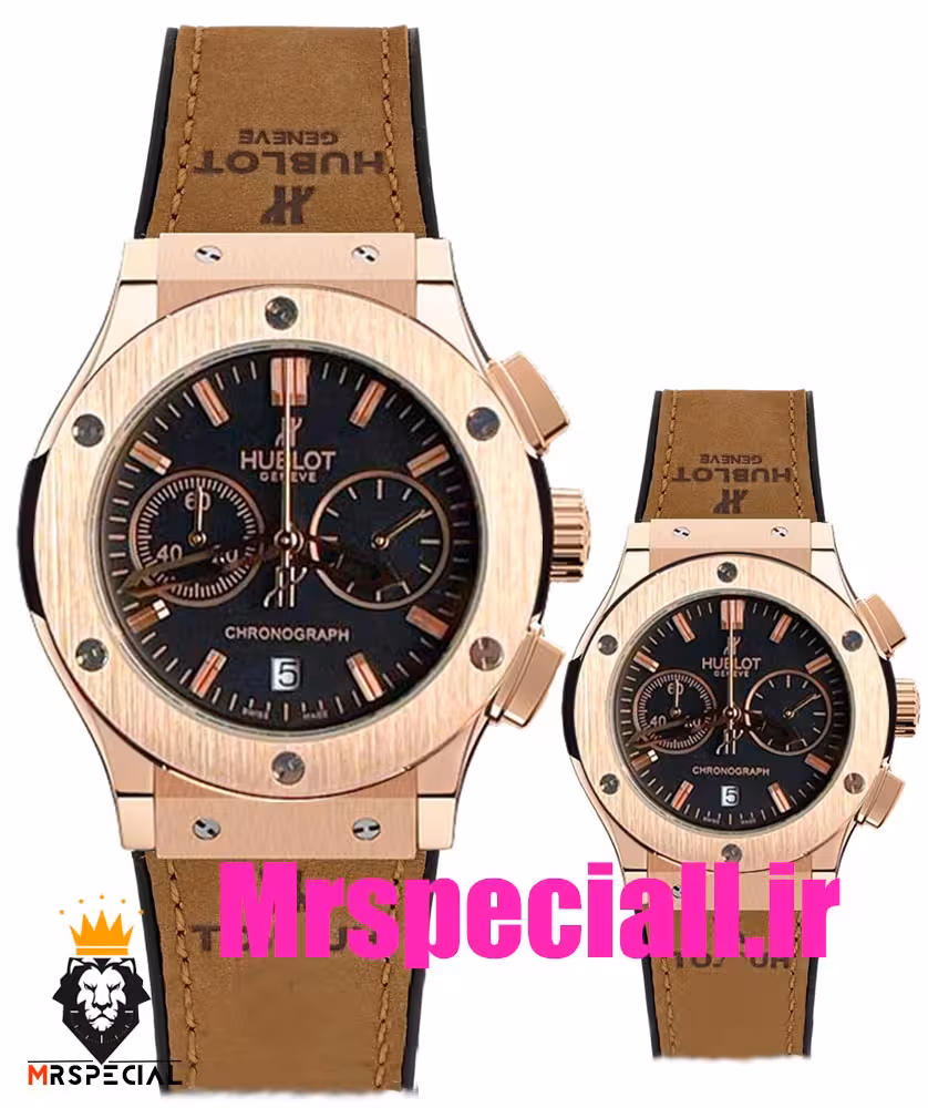ساعت ست هابلوت مردانه و زنانه کرنوگراف رزگلد صفحه مشکی 6627 HUBLOT BIG BANG
