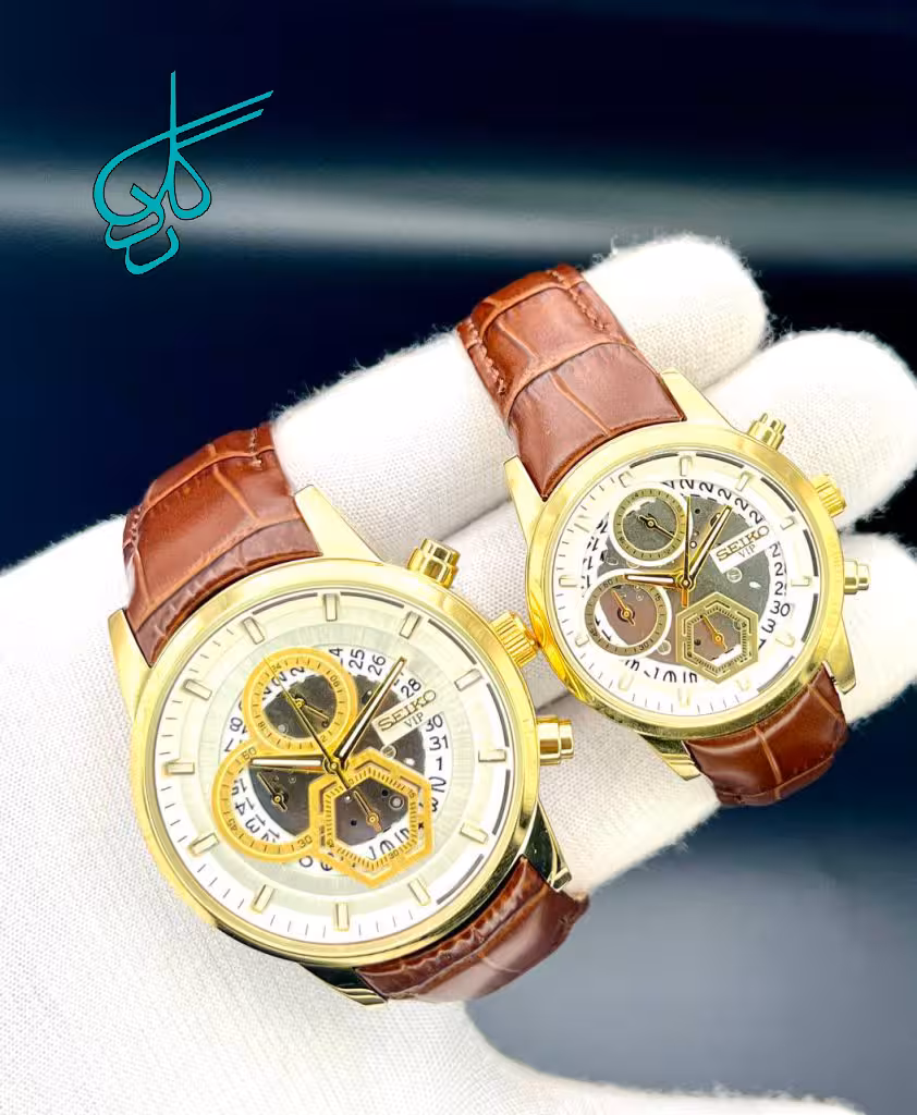 خرید ست ساعت زنانه و مردانه چرمی مارک سیکو سه موتوره فعال (کرنوگراف) موتور ژاپن کد 2117303 - ردگل