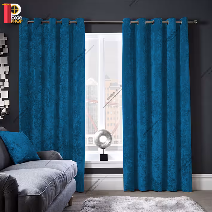 پرده مخمل پتینه پانچی آبی آماده ارتفاع 280 سانتی متر