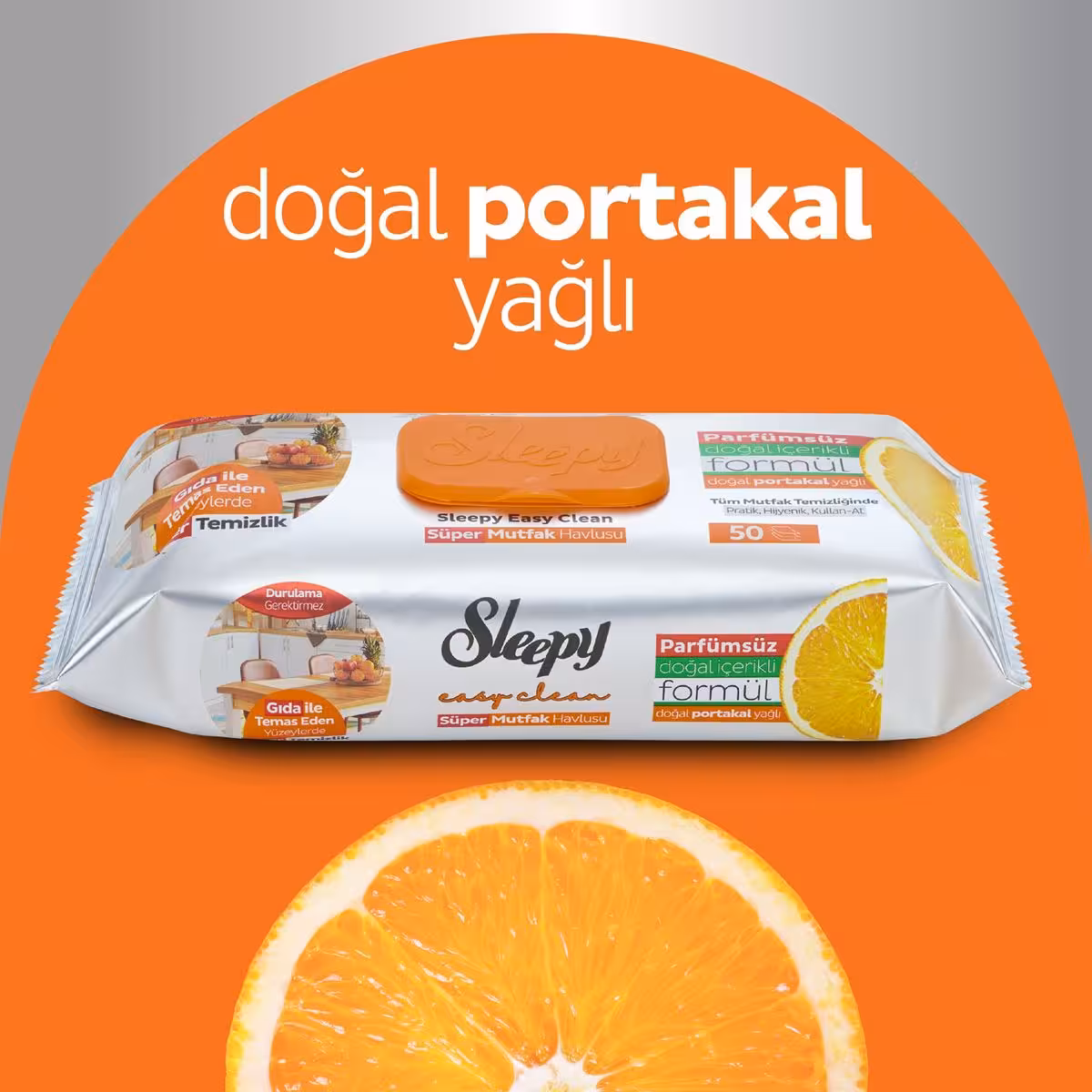 دستمال مرطوب چربی زدا اسلیپی مخصوص آشپزخانه و سطوح با رایحه پرتقال 50 عددی