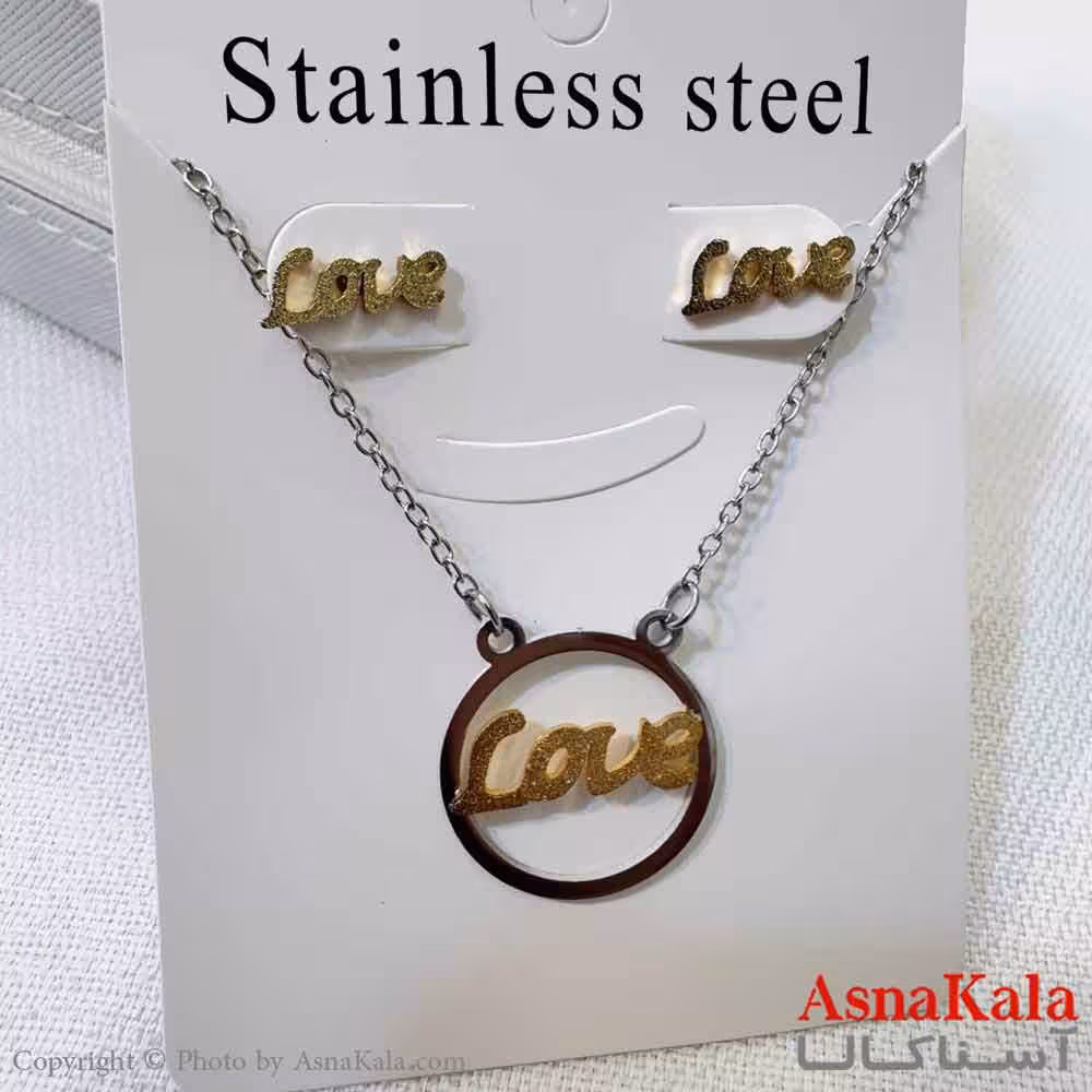 نیم ست زنانه شامل گردنبند و گوشواره  استیل مدل عشق کد NIM14608W