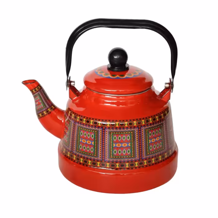 کتری لعابی طرح سنتی قرمز