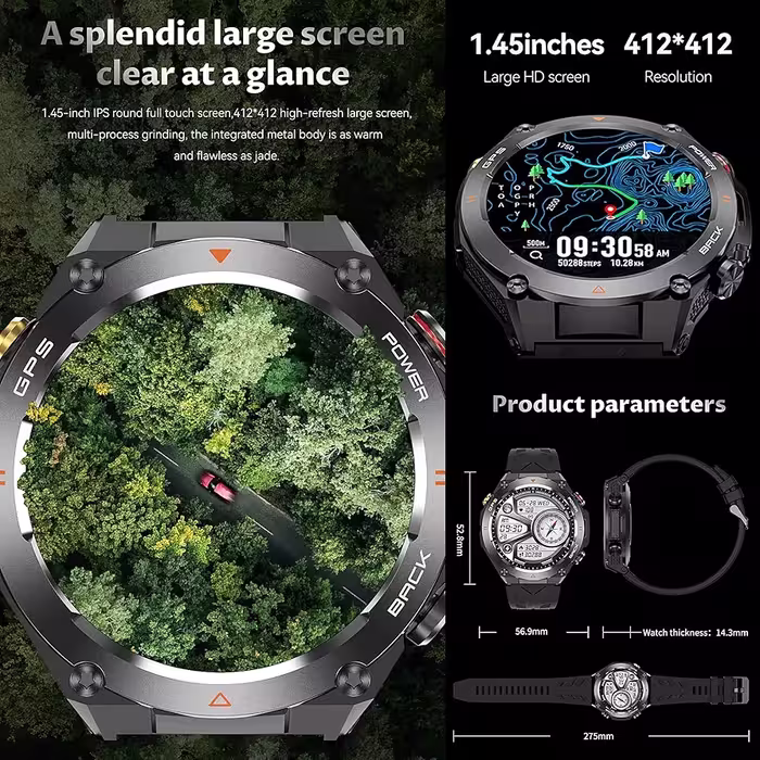 ساعت هوشمند نظامی GPS دار: صفحه نمایش IPS 1.45 اینچی، GPS داخلی، ارتفاع سنج، فشارسنج، قطب نما، ردیاب تناسب اندام/سلامت، تماس بلوتوث،