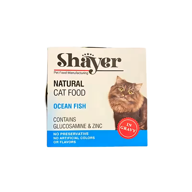 کنسرو گربه بالغ مدل نچرال طعم ماهی اوقیانوسی برند Shayer شایر 110 گرمی