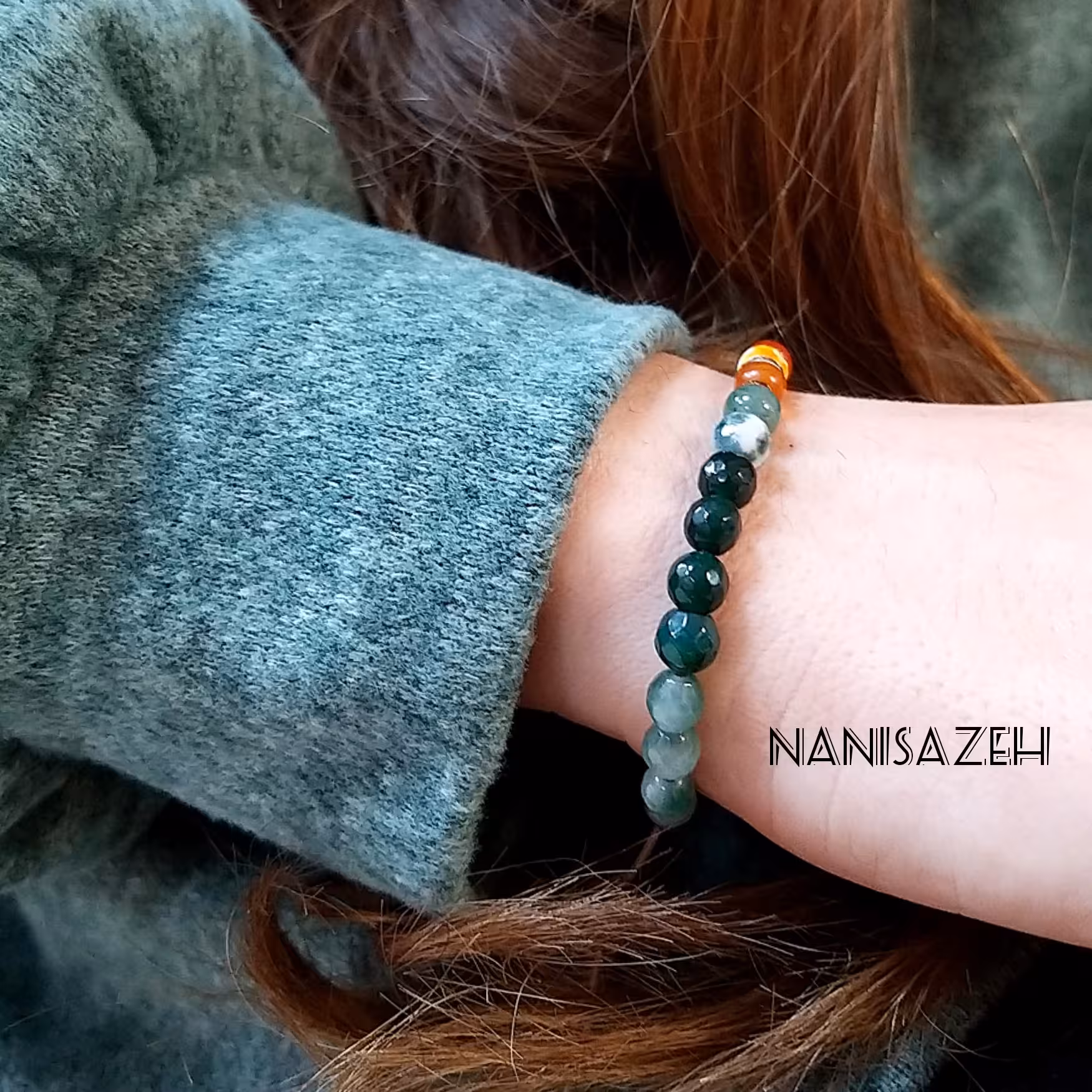 دستبند سنگ عقیق عسلی، عقیق خزه ایی، جید 