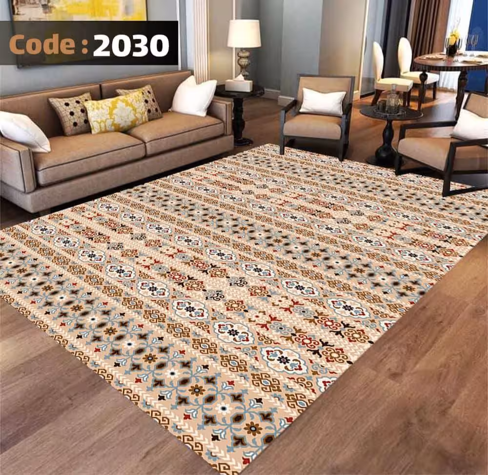 کاورفرش روفرشی دورکشدار گوشه لیفه ای کرم  قهوه ای کد 2030