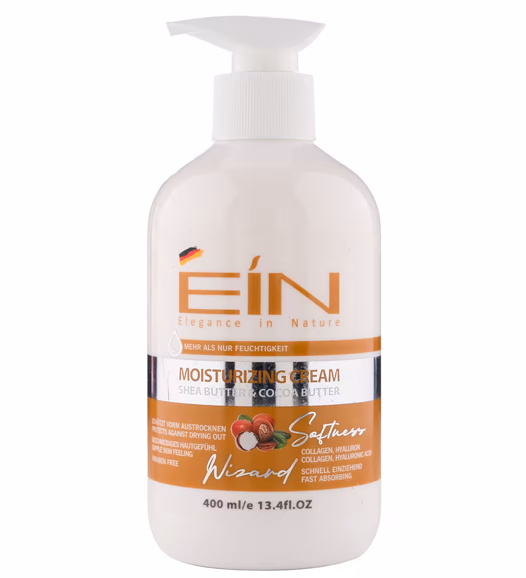 کرم نرم‌کننده و مرطوب‌کننده پمپی حاوی کلاژن و هیالورونیک اسید شی باتر و کوکو باتر ای آی ان 400 میلی‌لیتر Ein