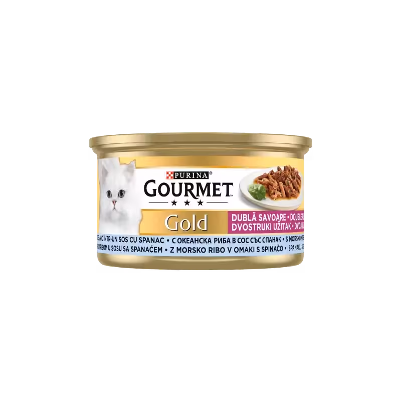 کنسرو گربه طعم ماهی در سس اسفناج برند Gourmet گورمت 85 گرمی