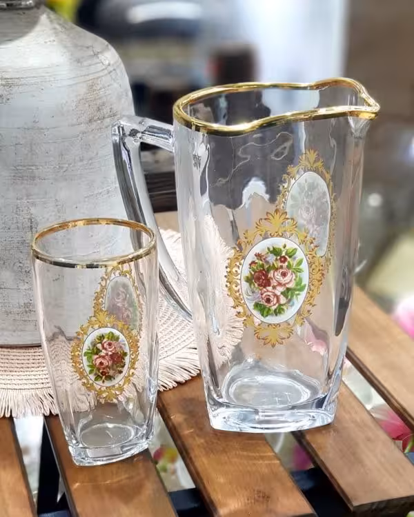 ست پارچ و لیوان هفت پارچه ونا لب طلایی گلدار