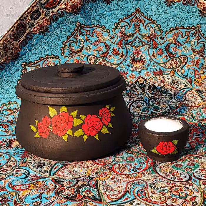 ست ظروف سنگی نقاشی شده دیزی سنگی 4 نفره بهمراه نمک ساب متوسط طرح گل رز