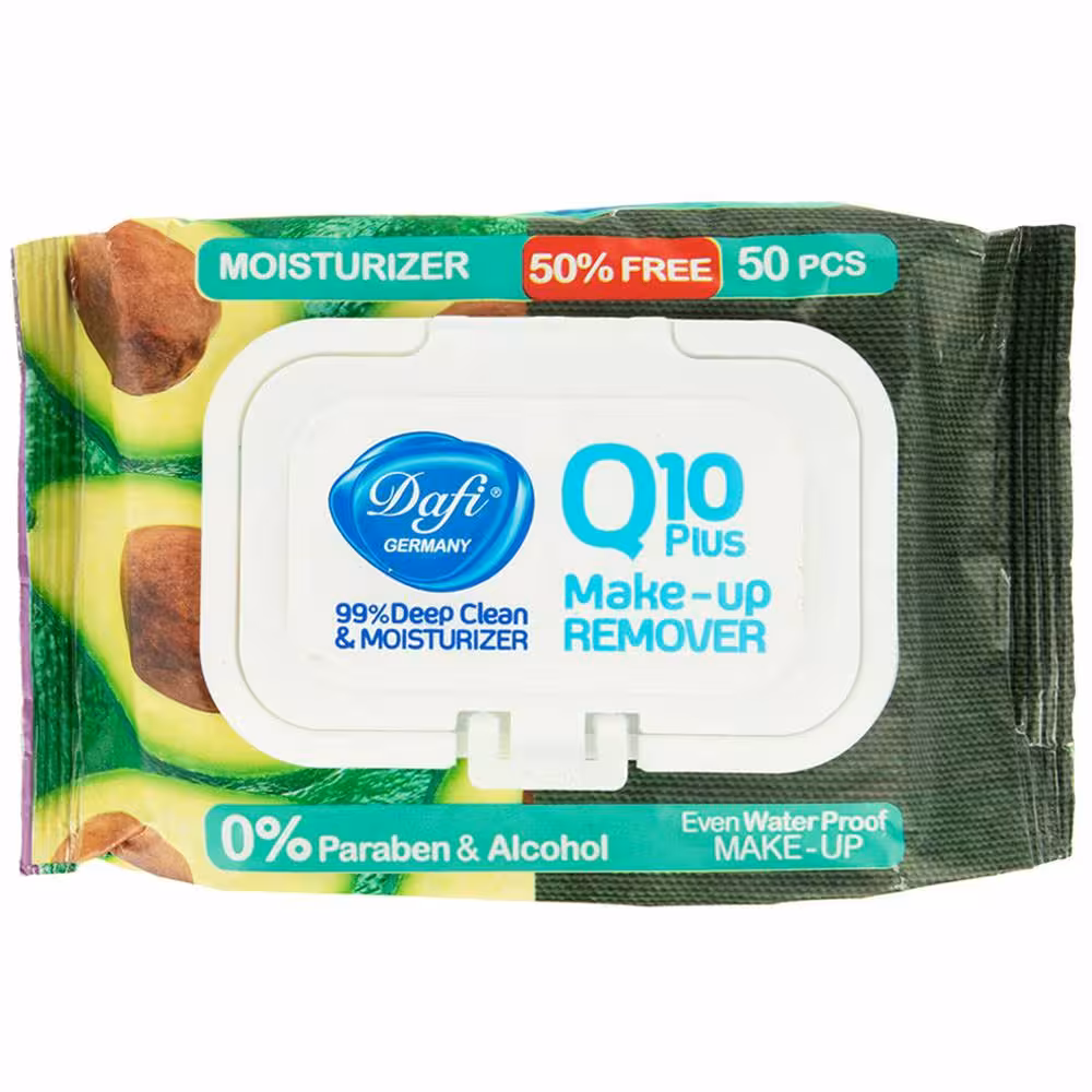 دستمال مرطوب پاک کننده آرایش آووکادو دافی مدل Q10 بسته 50 عددی Dafi Q10 Plus Avocado Make Up remover Wet Wipes 50 pcs