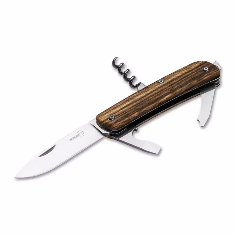 چاقوی چندکاره بوکر پلاس مدل Tech Tool Zebrawood 2 | ست چاقوی کمپینگ با دسته چوب زبراود | تیغه فولاد ضد زنگ | مناسب طبیعت گردی | Boker Plus Camping Knife Set