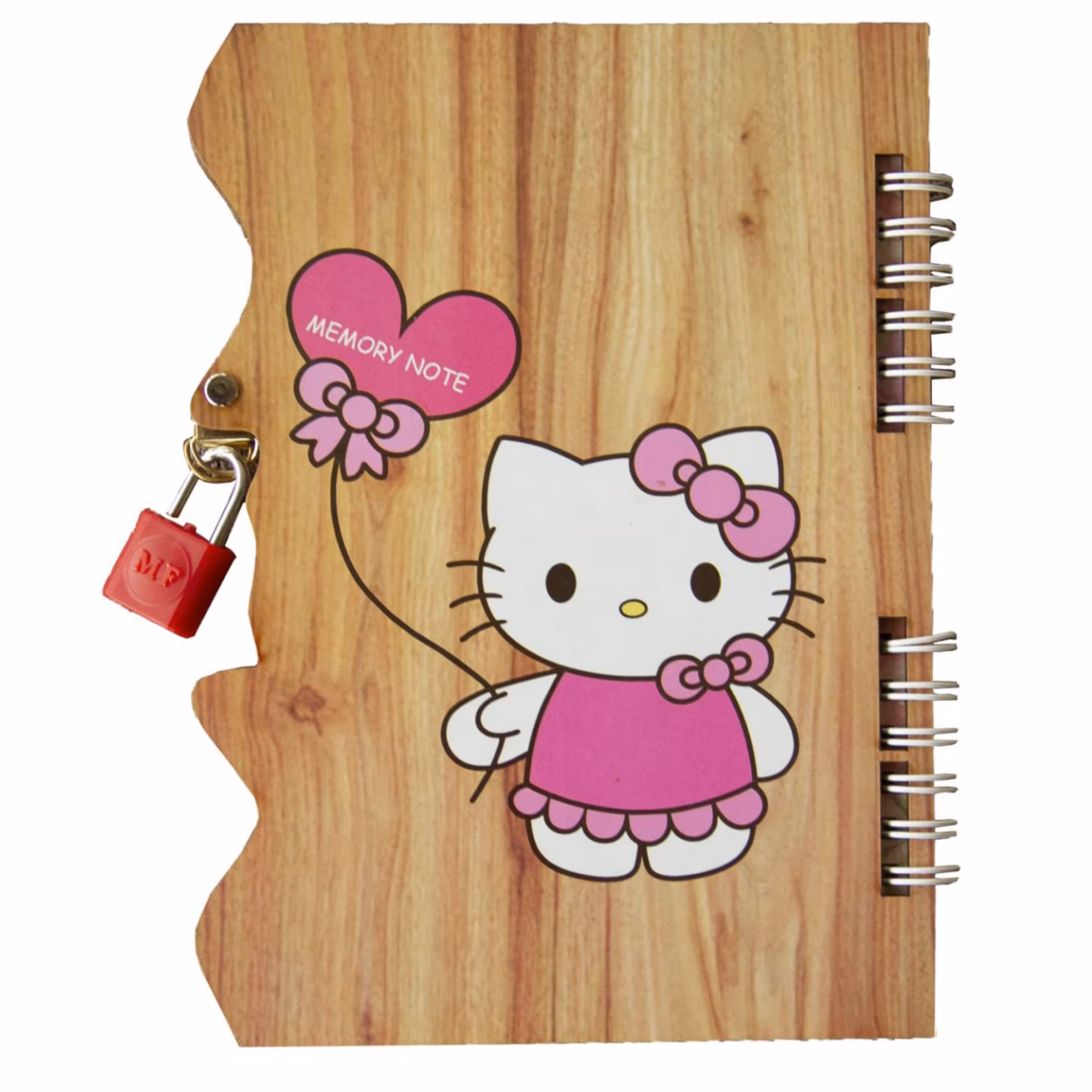 دفتر خاطرات طرح کیتی با جلد چوبی و کاغذ رنگی و خط دار و قفل فانتزی