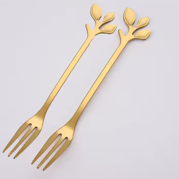 چنگال دسر خوری برگی استیل رنگ ثابت در دو رنگ طلایی و نقره ای