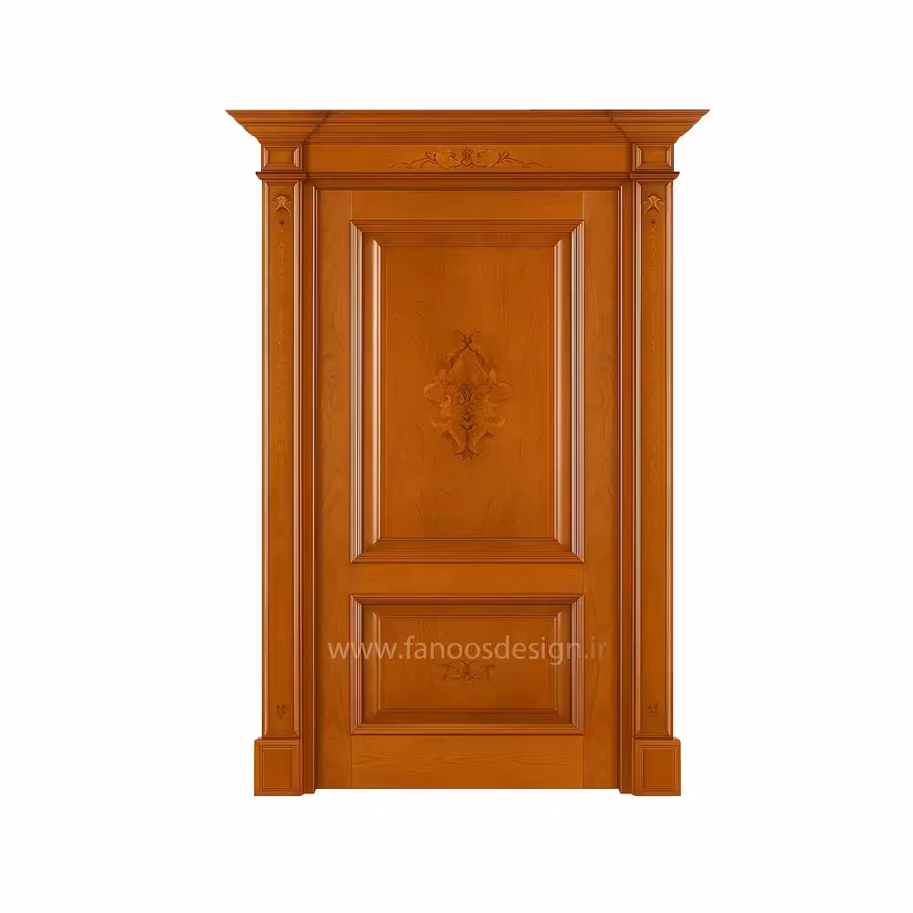 درب چوبی کلاسیک مدل رز | طراحی منبت‌کاری شده با تاج سلطنتی کد 30352