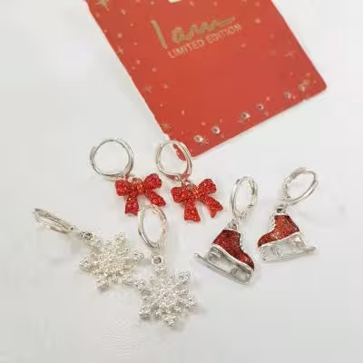 پک سه جفتی گوشواره قفلی نقره ای آویز دار ، در مدل های مختلف، نگین دار