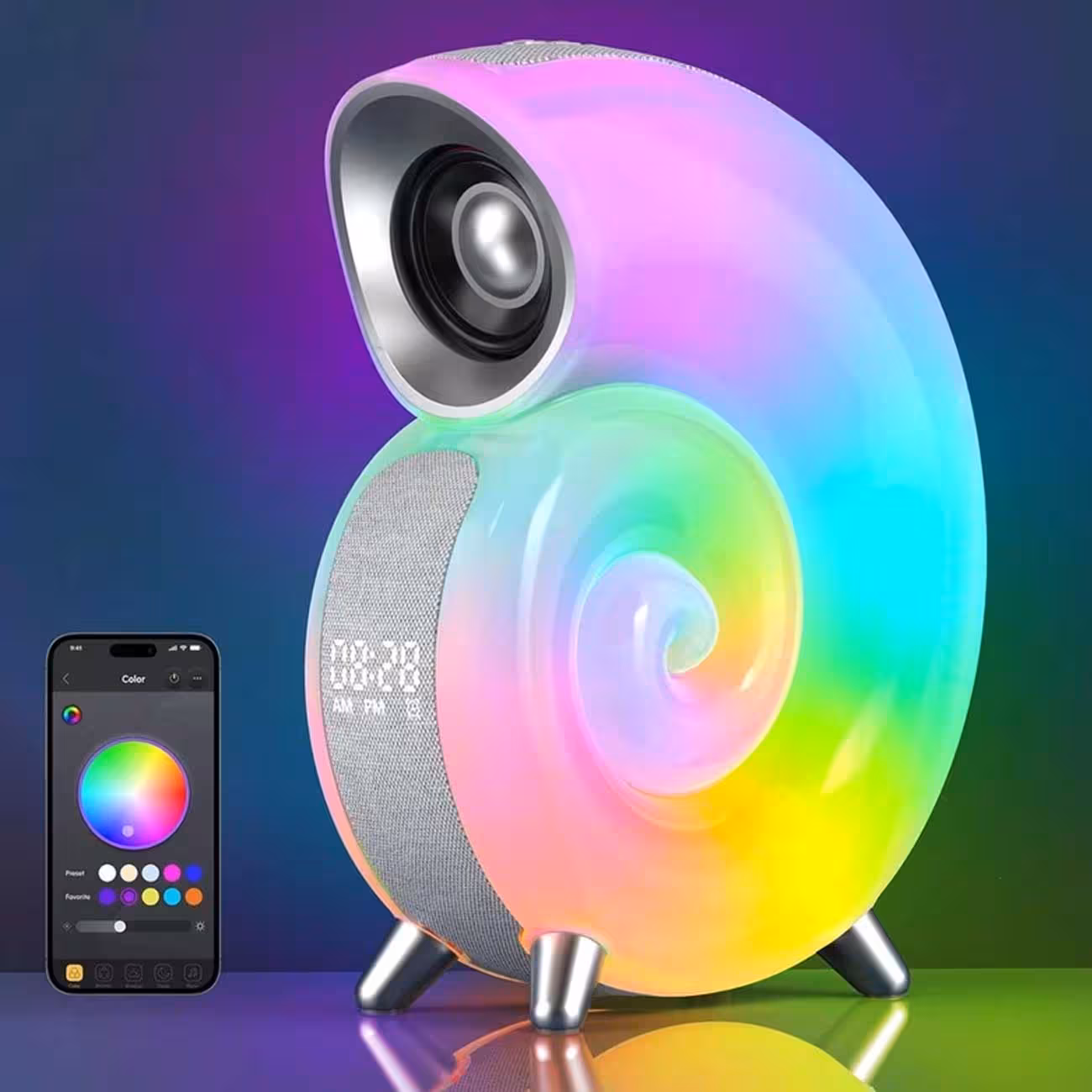 اسپیکر بلوتوثی شارژی حلزونی RGB دار - چراغ‌خواب و ساعت زنگ‌دار