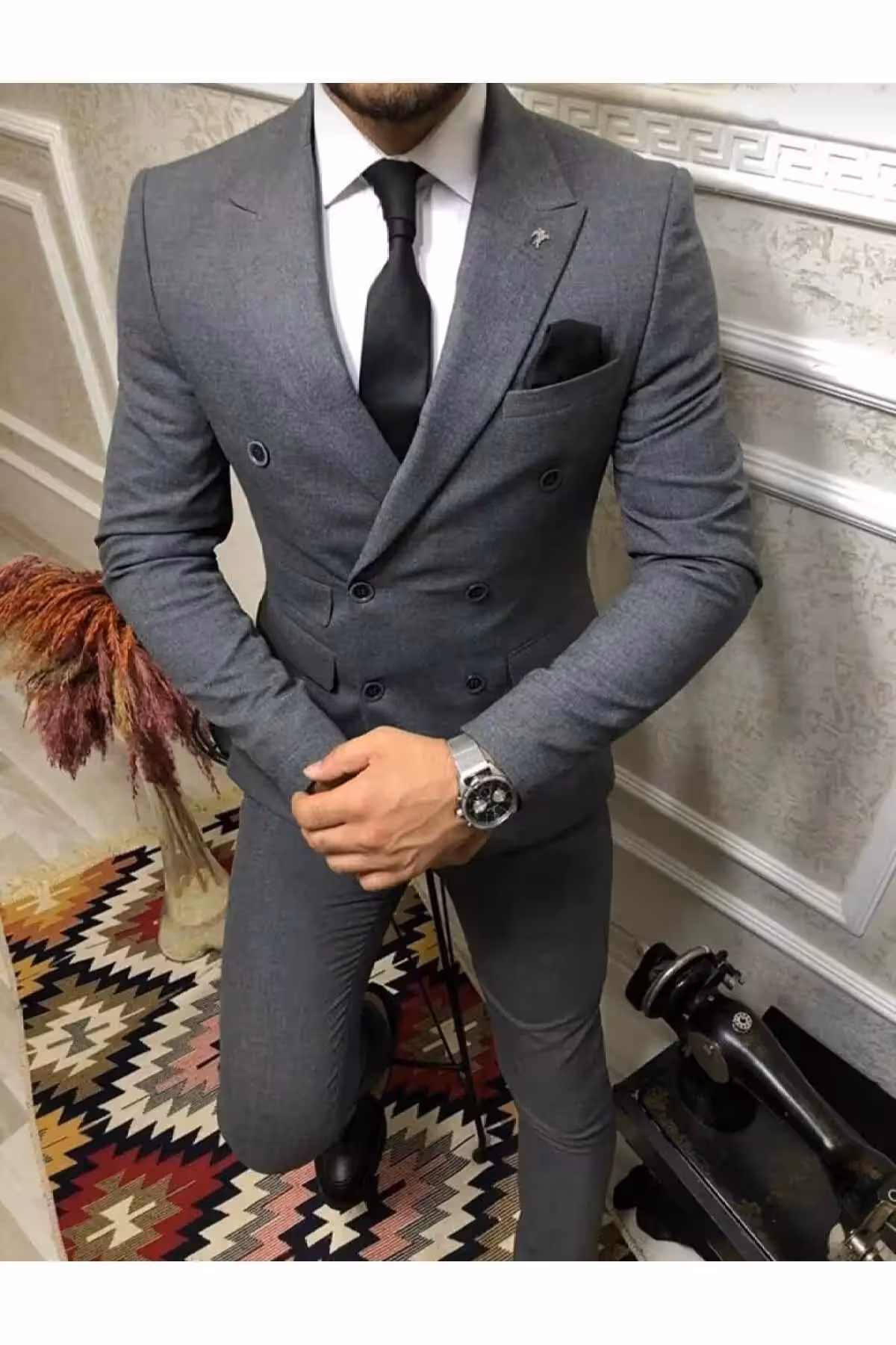 کت و شلوار باریک کرووازه (با اکسسوری زنجیر یقه و کراوات همراه با دستمال هدیه) - 5323