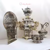 سماور زغالی 8 لیتری مدل عدسی با کنده کاری سنتی، قلم دست، سبک ریز قلم مینیاتوری