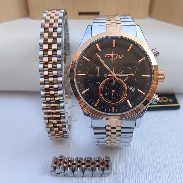 ست ساعت و دستبند و انگشتر مردانه نقره ای رزگلد