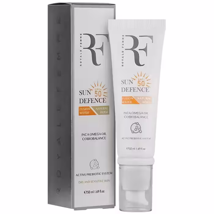کرم ضد آفتاب رنگی بژ طبیعی رویال فم (RF) SPF 50 مناسب پوست خشک و حساس حجم 50 میلی لیتر | RF Tinted SPF 50 Sun Defence For Dry & Sensitive Skin 50 ml