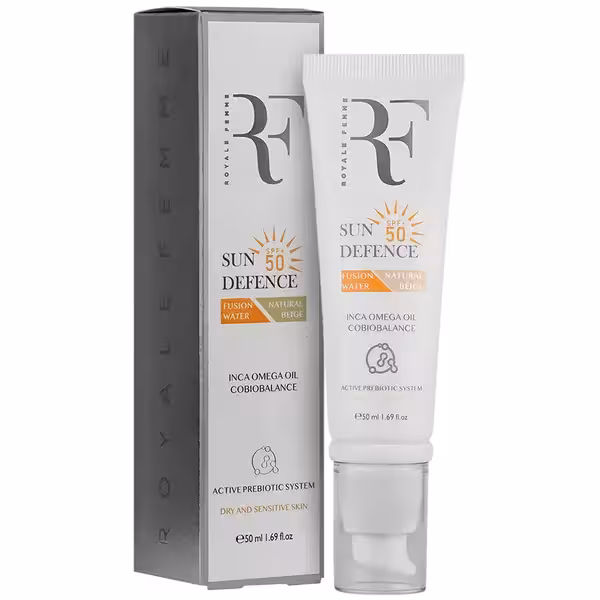 کرم ضد آفتاب رنگی بژ طبیعی رویال فم (RF) SPF 50 مناسب پوست خشک و حساس حجم 50 میلی لیتر | RF Tinted SPF 50 Sun Defence For Dry & Sensitive Skin 50 ml