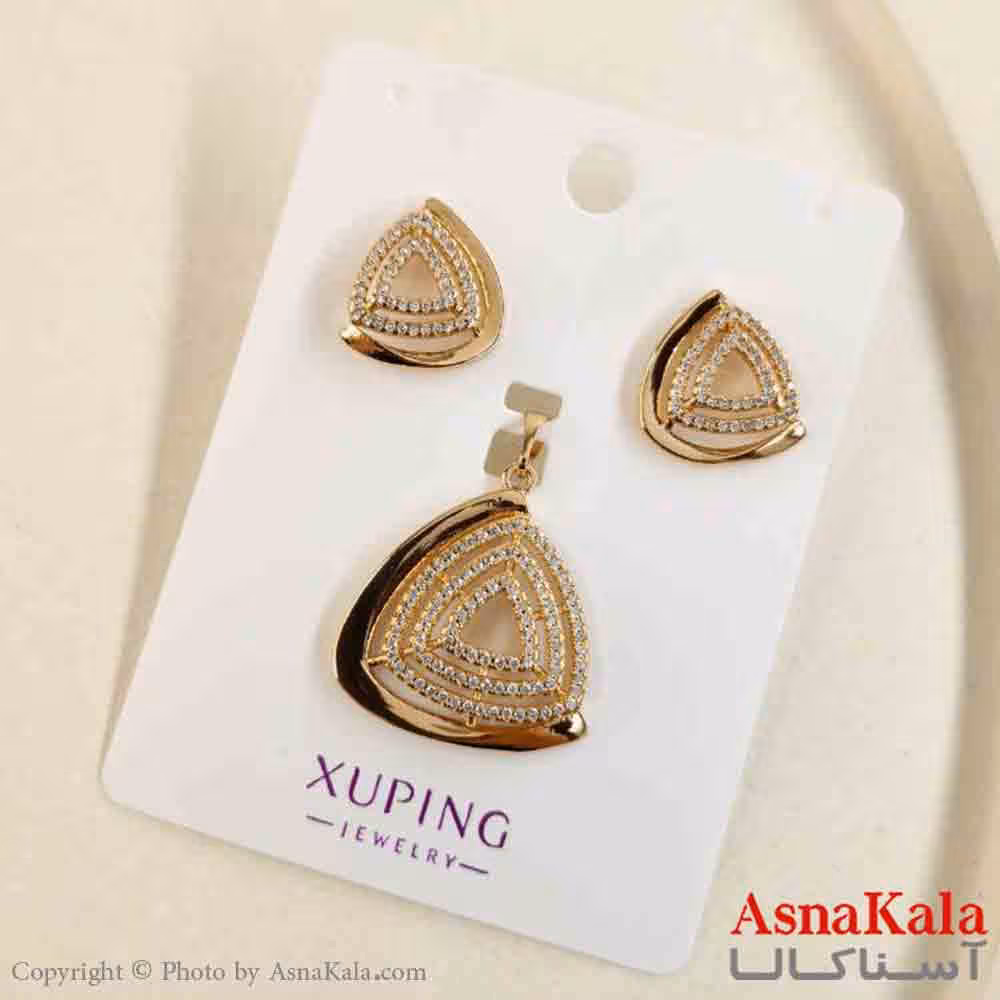 نیم ست زنانه ژوپینگ مدل مثلث طلایی شامل گوشواره و گردنبند کد NIM14842W
