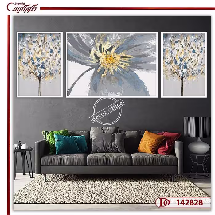 تابلو دکوراتیو سه‌تکه طرح گل و درخت مدرن A142828
