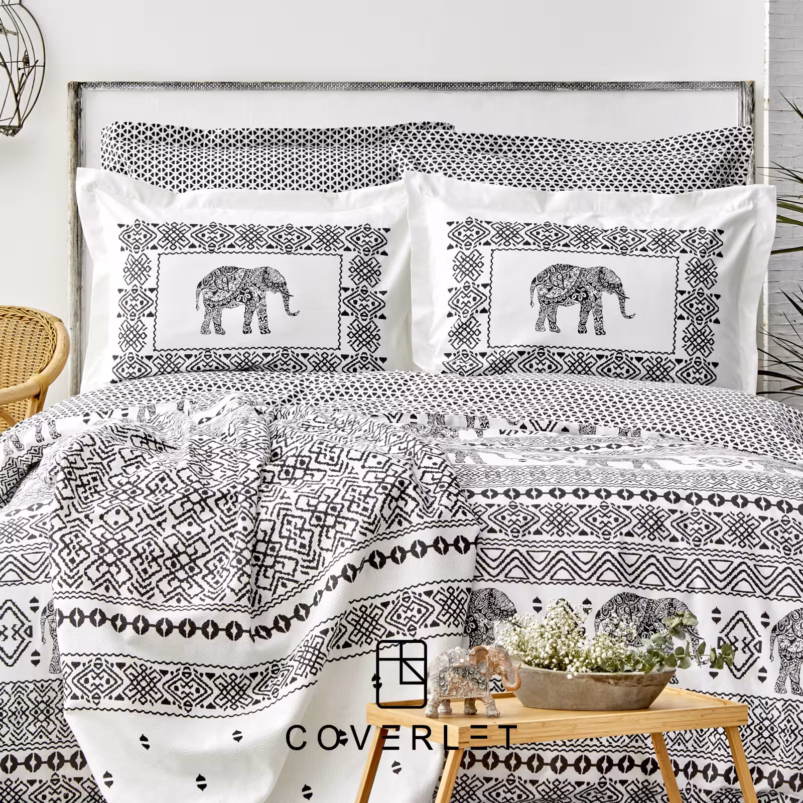 روتختی دو نفره سفید و سیاه طرح فیل کاوری مدل Alenis