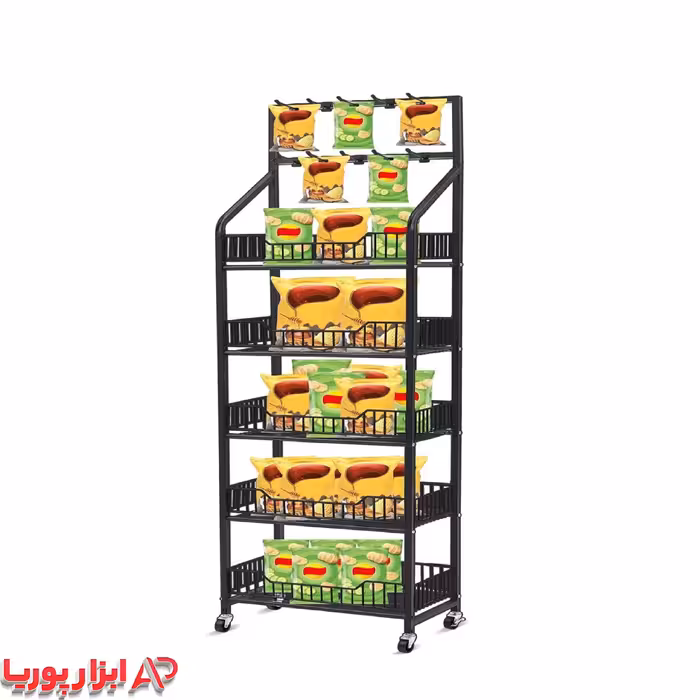 استند فروشگاهی 5 طبقه چیپس و پفک چرخدار