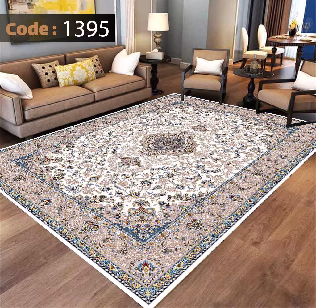 کاورفرش روفرشی دورکشدار گوشه لیفه ای کرم  قهوه ای کد 1395