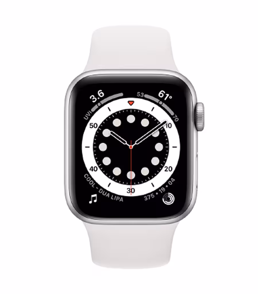 اپل واچ سری 6 مدل 40 میلی متری با بدنه ی آلومینیومی نقره ای و بند اسپرت سفید