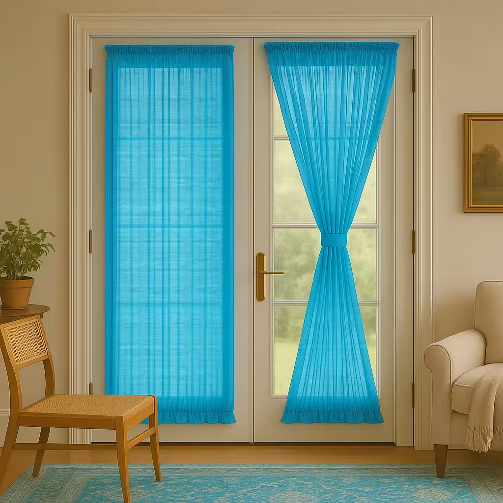 پرده پشت پنجره ای حریر بافت‌دار آبی فیروزه‌ای