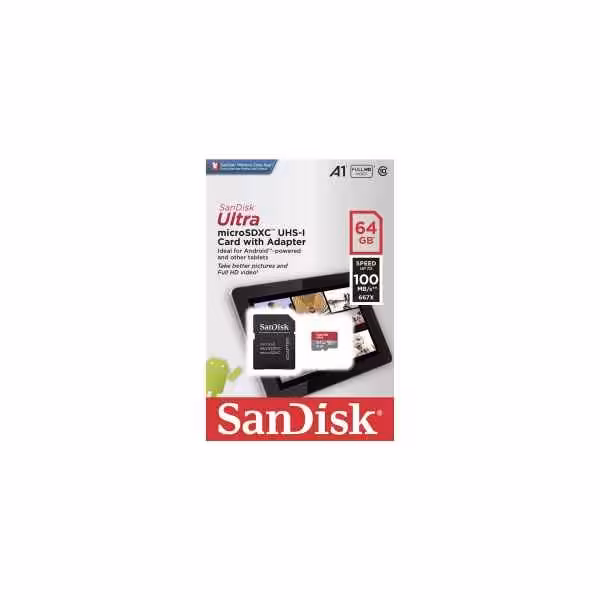 کارت حافظه microSDXC سن دیسک مدل Ultra A1 کلاس 10 استاندارد UHS-I سرعت 100MBps ظرفیت 64 گیگابایت به همراه آداپتور