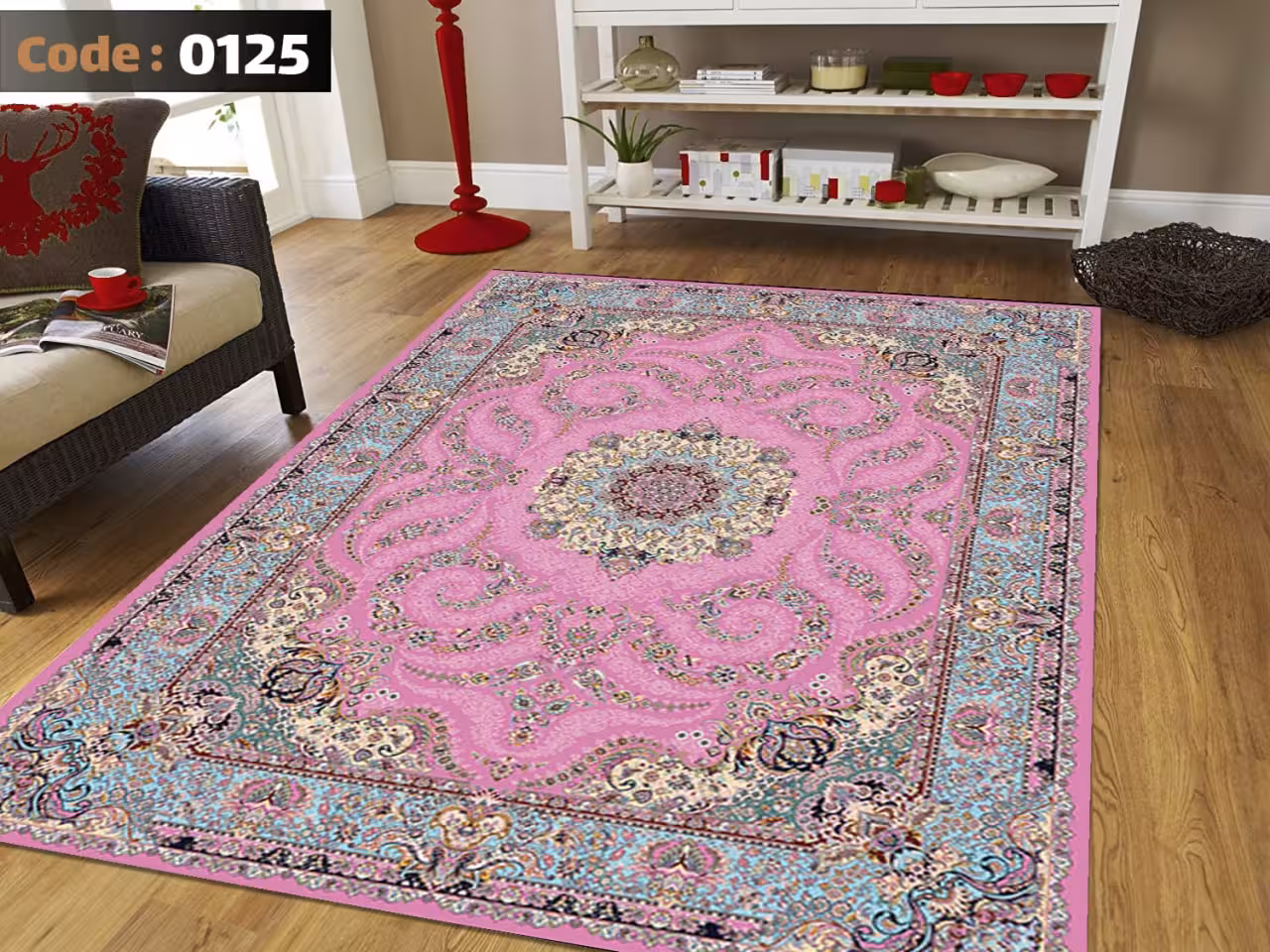 کاورفرش روفرشی دورکشدار گوشه لیفه ای لاکی ، آبی و متنوع کد 0125