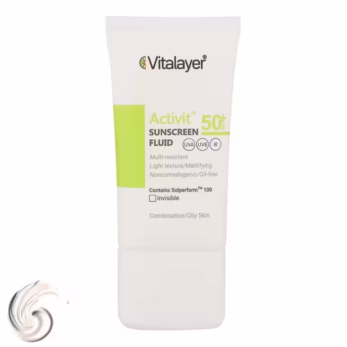 فلوئید ضدآفتاب بی‌رنگ ویتالیر SPF50 مدل Activit، مناسب پوست‌های مختلط و چرب، حجم 50 میلی‌لیتر