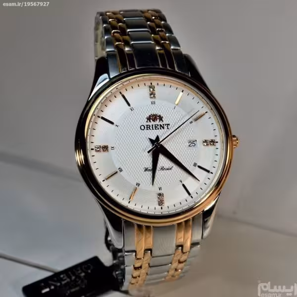 ORIENT WATCH SHM2-CO-BCA ساخت ژاپن اورینت ژاپن ** صفحه سفید صدفی فرز شده ،، بند دورنگ بهمراه تقویم روز شمار ** فول استیل