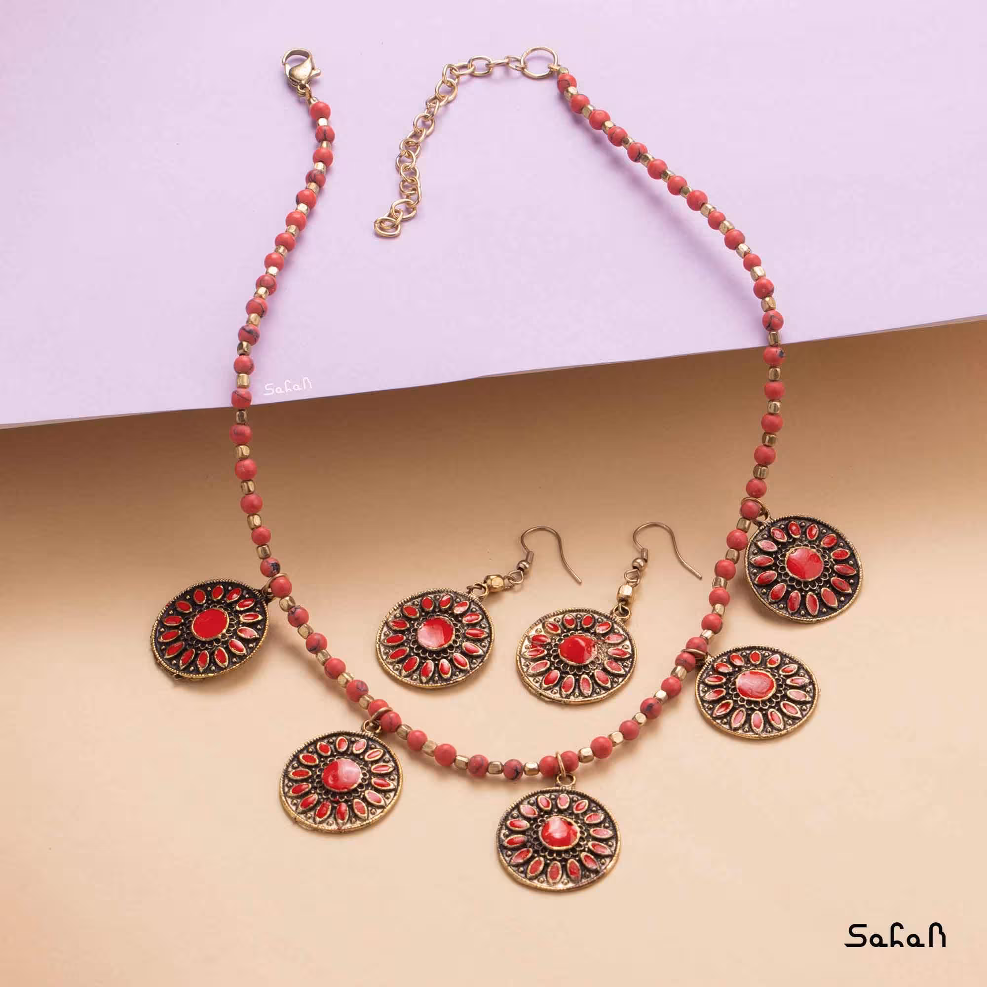 نیم ست گردنبند و گوشواره آلومینیوم گل قرمز