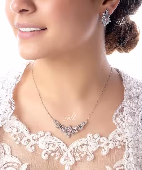 💍نیم ست جواهری ميكروزنجيري با نگين صورتي نقره عیار 925 (N_4097)‌‌‌‌‌‌ ‌