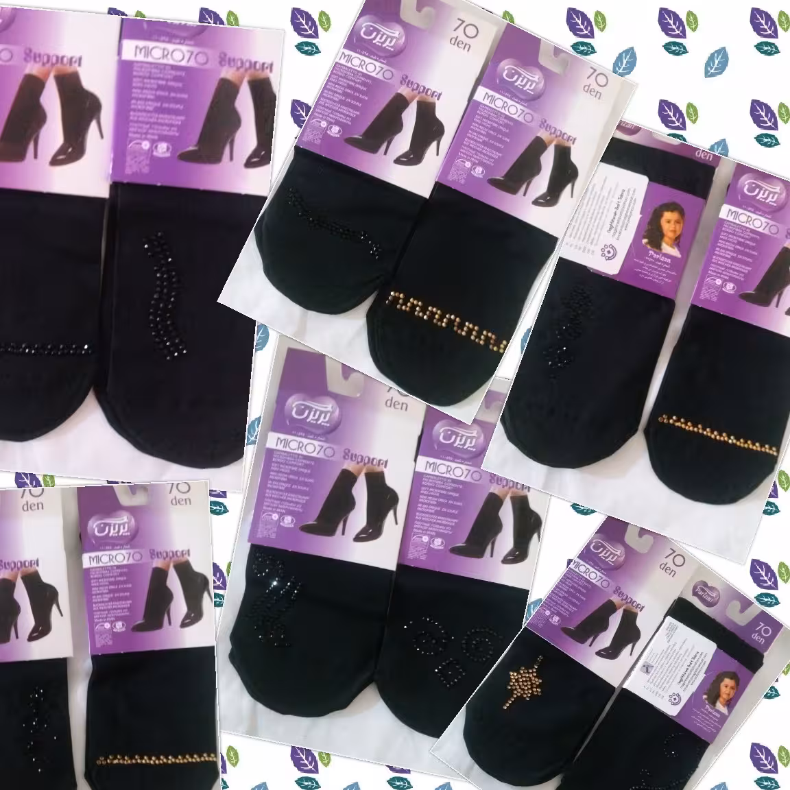 جوراب نگین دار مشکی 
در سه مدل 
نگین دار  مشکی و رنگی 
گلدوزنقاشی شده 
جنس پریزن 
تماما کار دست و متنوع  
