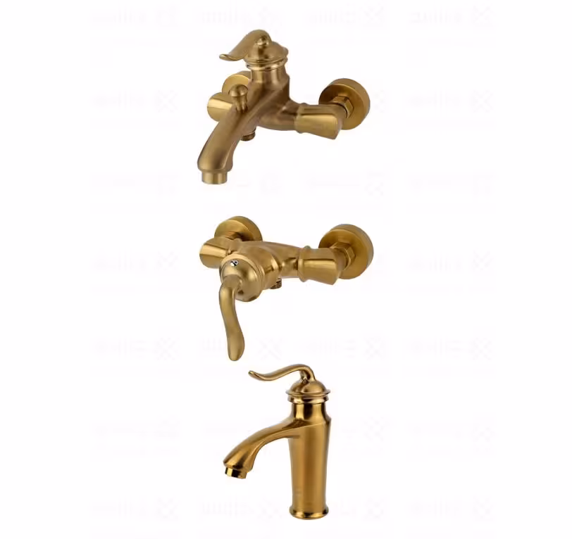 ست طلایی مات سه تکه شیر روشویی، توالت و دوش کسری مدل دانوب