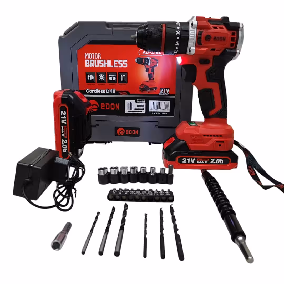 دریل شارژی صنعتی ادون چکشی 21 ولت دوباتری موتور براشلس پیچگوشتی شارژی سه نظام فلزی همراه کیف و لوازم
