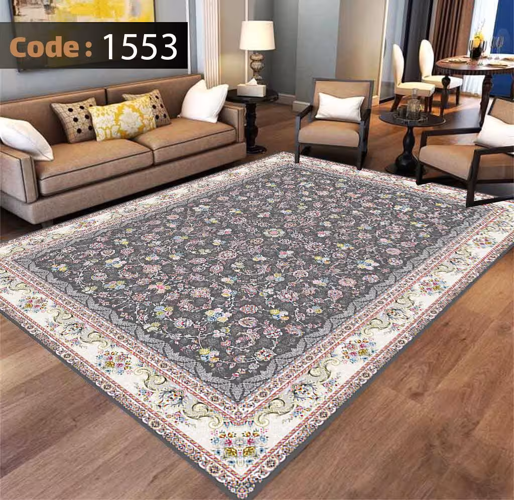 کاورفرش روفرشی دورکشدار گوشه لیفه ای طوسی کرم کد 1553